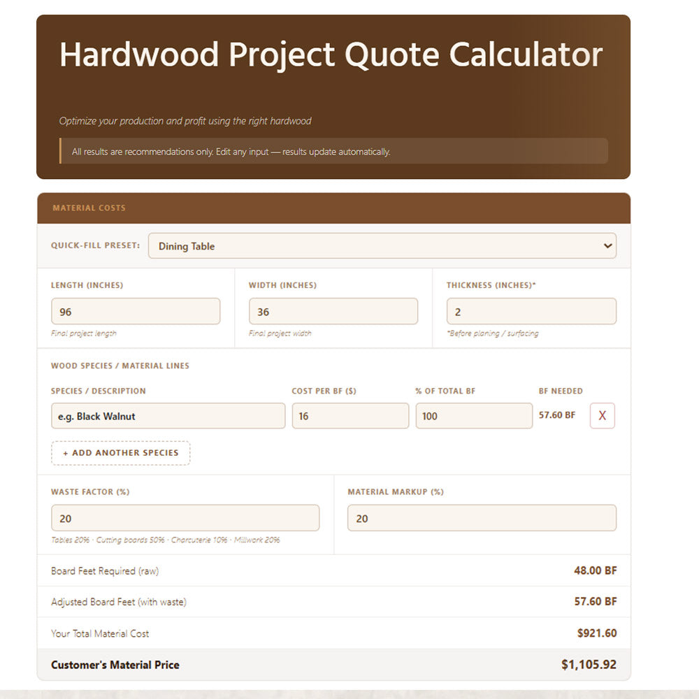 Hardwood Project Quote Calculator