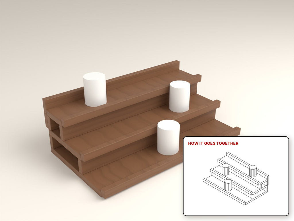 3-Tier Can Organizer rendered in walnut, with the how-it-goes-together sketch inset. Free woodworking plan