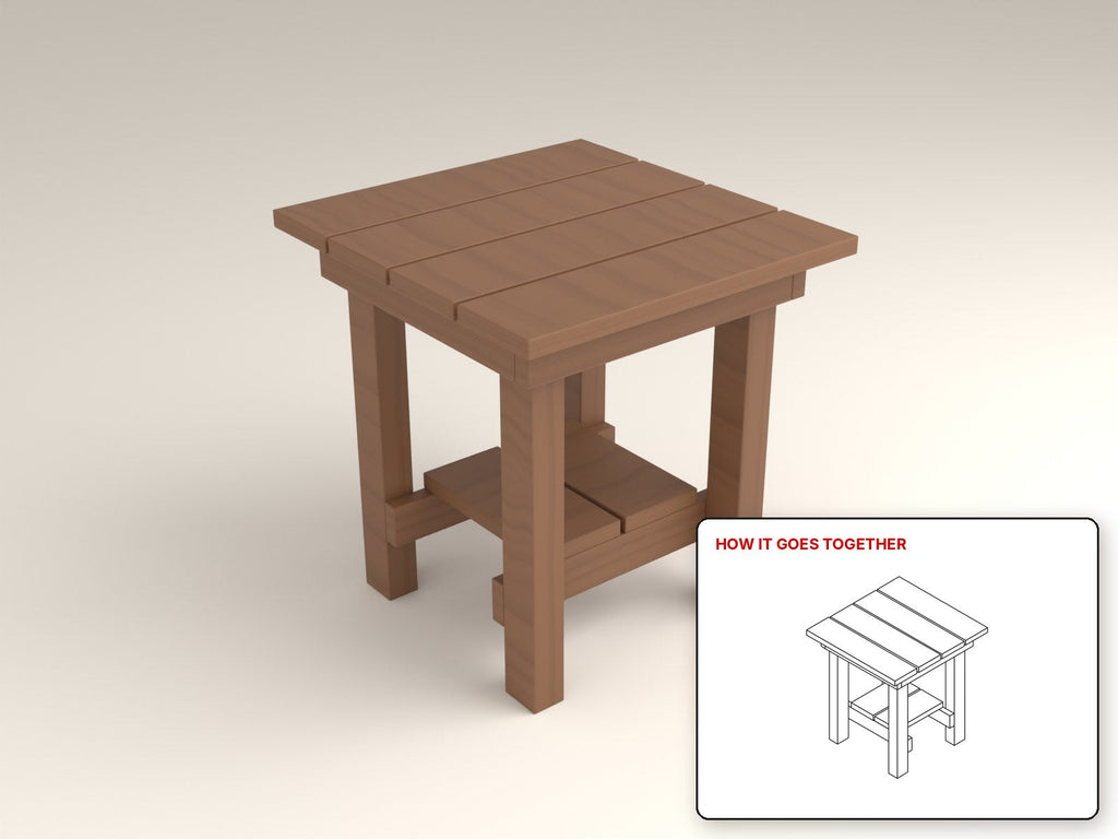 Adirondack End Table rendered in walnut, with the how-it-goes-together sketch inset. Free woodworking plan