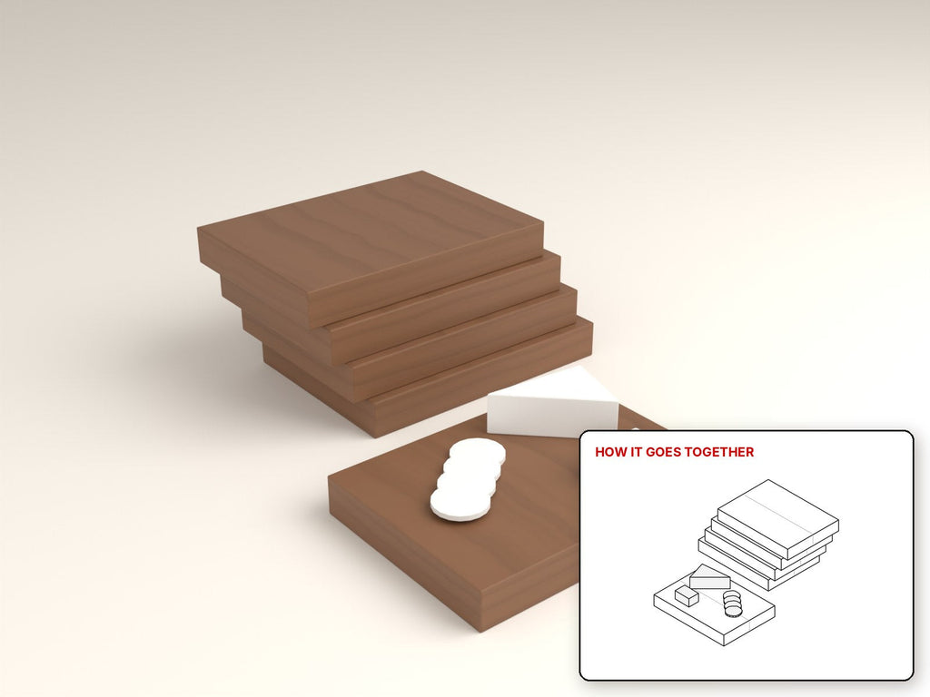 Chunky Bar Boards rendered in walnut, with the how-it-goes-together sketch inset. Free woodworking plan