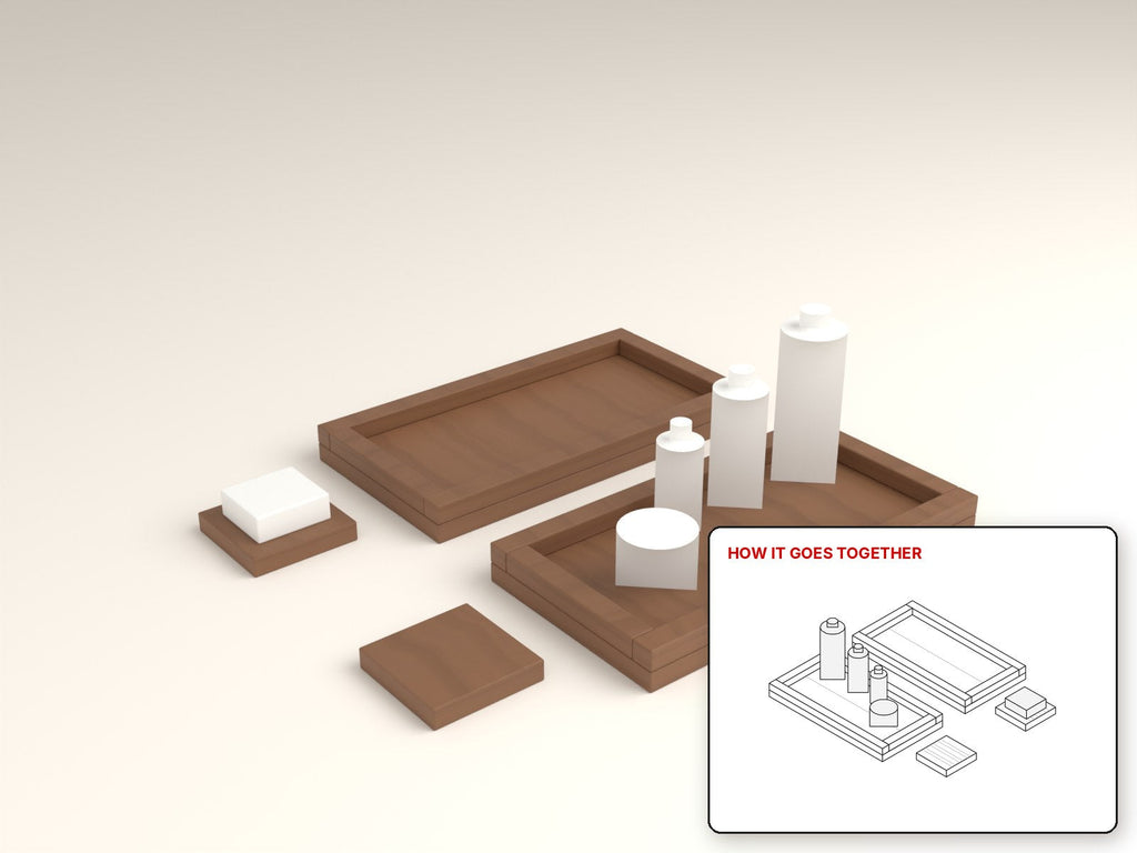 Bathroom Vanity Tray rendered in walnut, with the how-it-goes-together sketch inset. Free woodworking plan