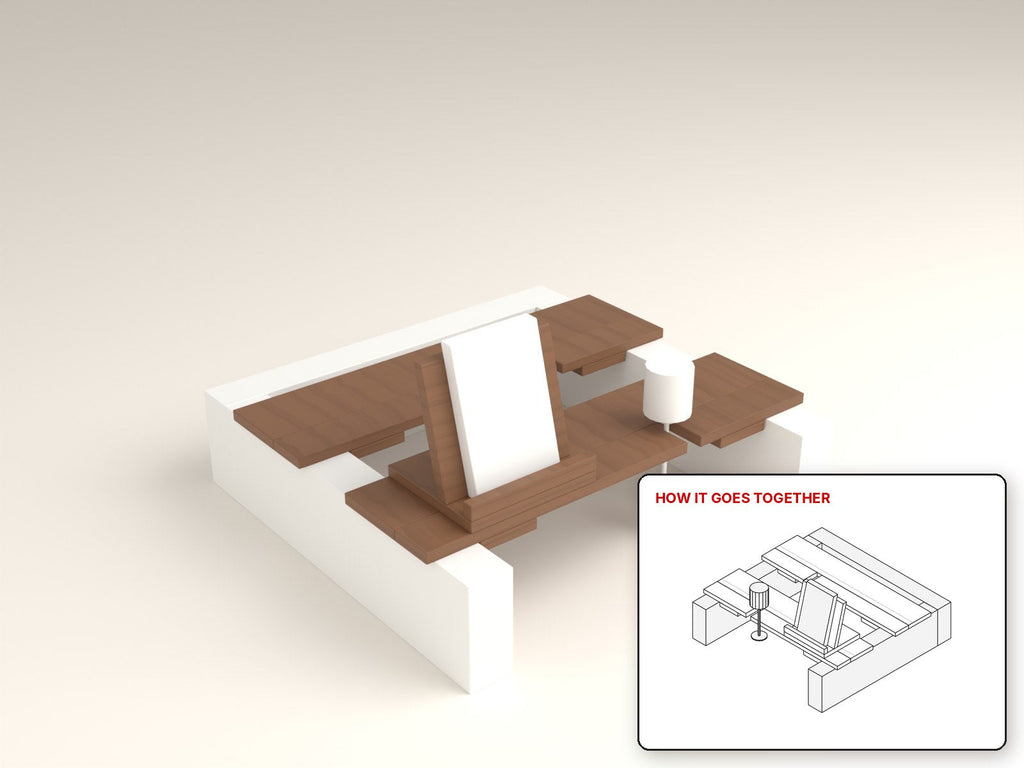 Bathtub Caddy Tray rendered in walnut, with the how-it-goes-together sketch inset. Free woodworking plan