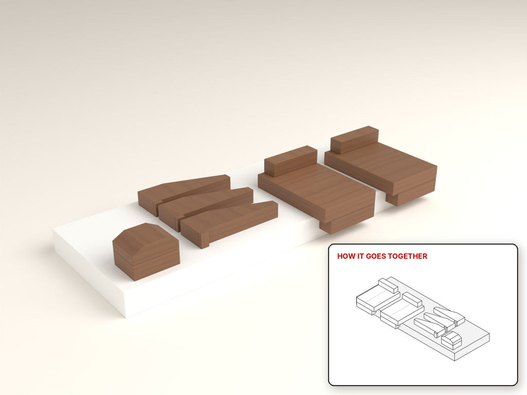 Bench Hooks and Push Sticks rendered in walnut, with the how-it-goes-together sketch inset. Free woodworking plan