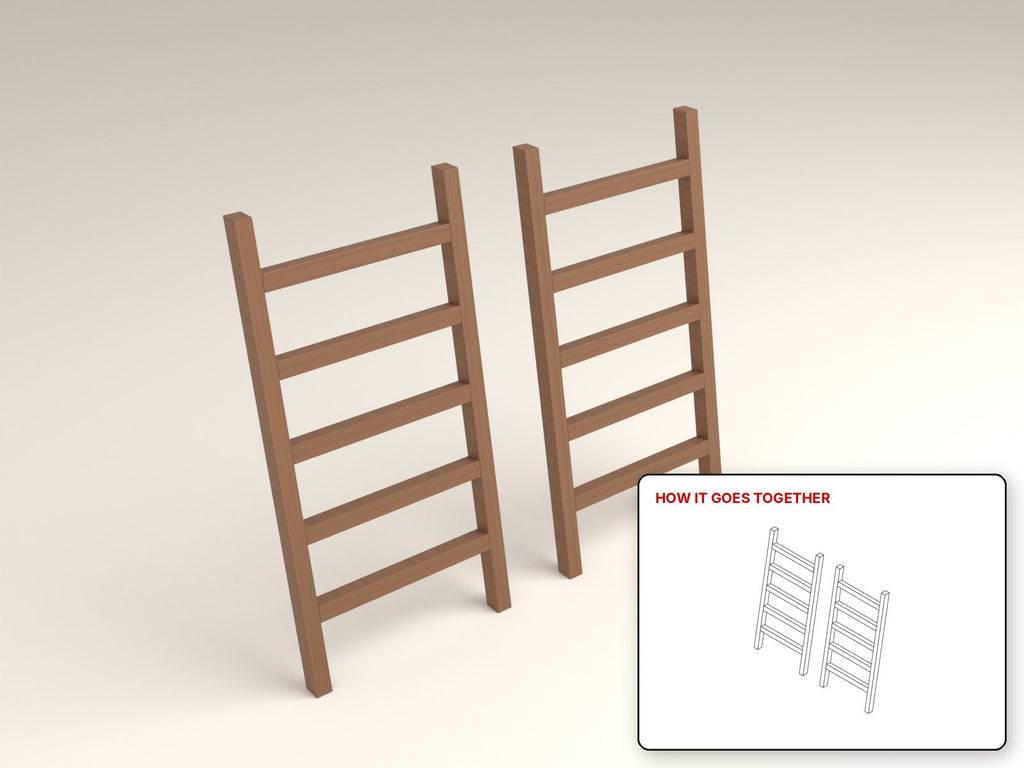 Blanket Ladder rendered in walnut, with the how-it-goes-together sketch inset. Free woodworking plan