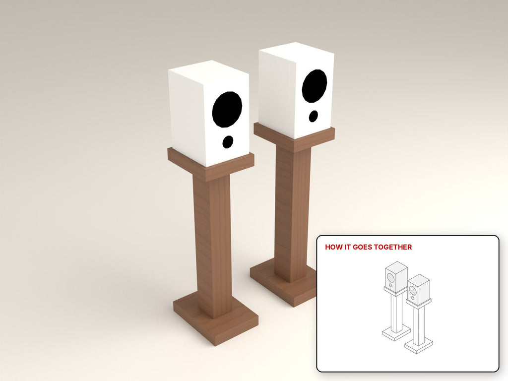 Bookshelf Speaker Stands rendered in walnut, with the how-it-goes-together sketch inset. Free woodworking plan
