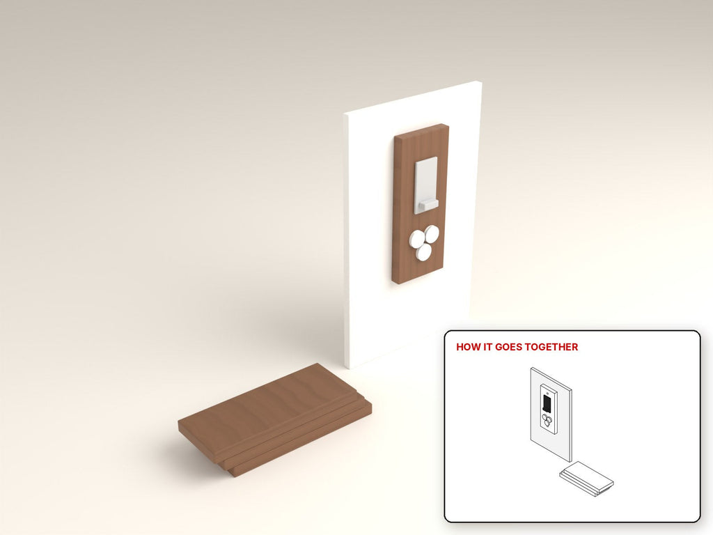 Wall Bottle Opener Plaque rendered in walnut, with the how-it-goes-together sketch inset. Free woodworking plan