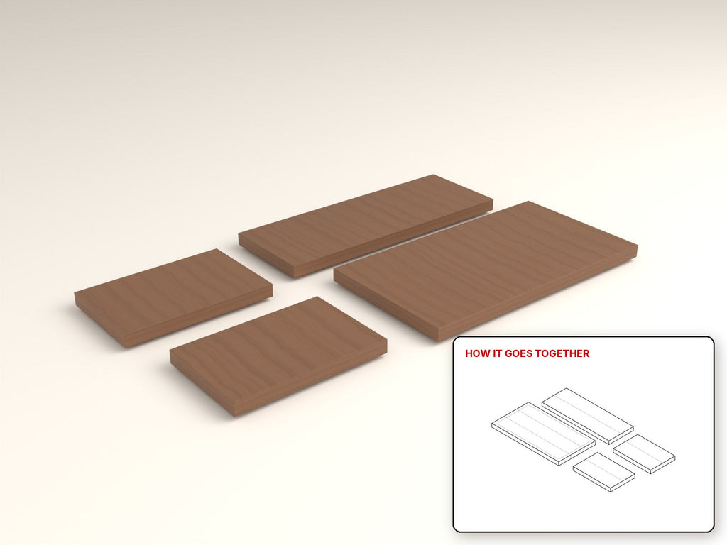 Butcher Block Island Board rendered in walnut, with the how-it-goes-together sketch inset. Free woodworking plan