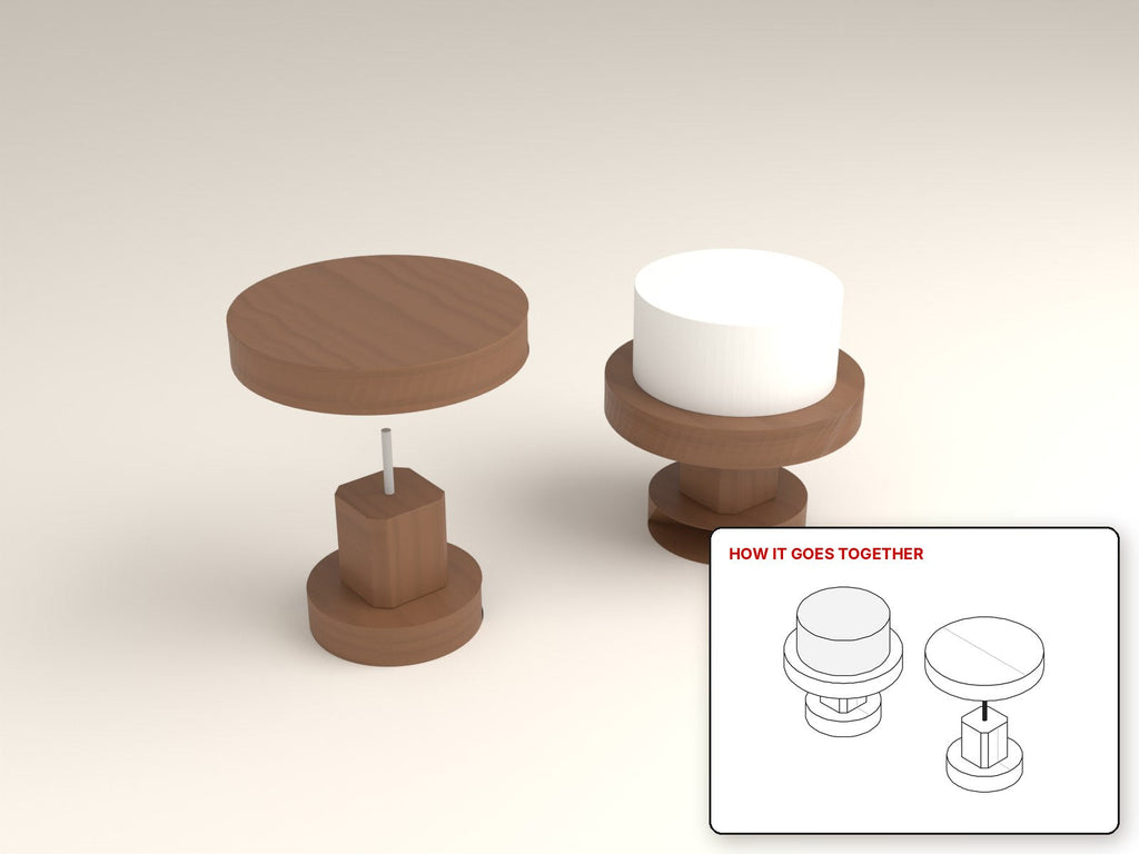 Pedestal Cake Stand rendered in walnut, with the how-it-goes-together sketch inset. Free woodworking plan