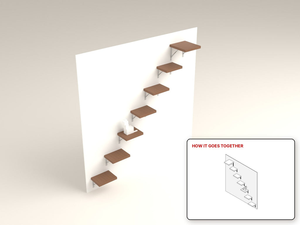 Cat Wall Steps rendered in walnut, with the how-it-goes-together sketch inset. Free woodworking plan