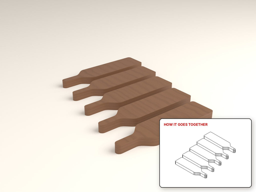 Charcuterie Paddle Boards rendered in walnut, with the how-it-goes-together sketch inset. Free woodworking plan