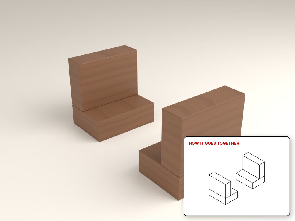 Chunky Bookends rendered in walnut, with the how-it-goes-together sketch inset. Free woodworking plan