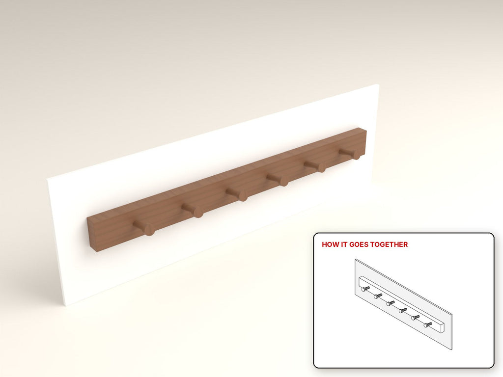 Chunky Coat Rack rendered in walnut, with the how-it-goes-together sketch inset. Free woodworking plan