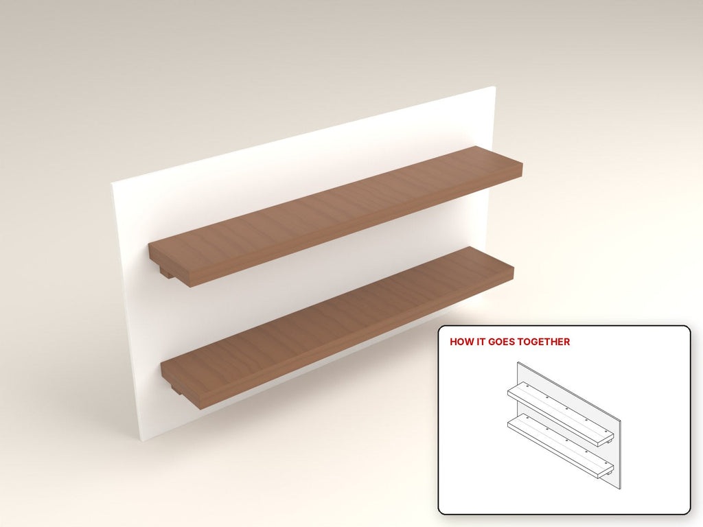 Chunky Floating Shelf rendered in walnut, with the how-it-goes-together sketch inset. Free woodworking plan