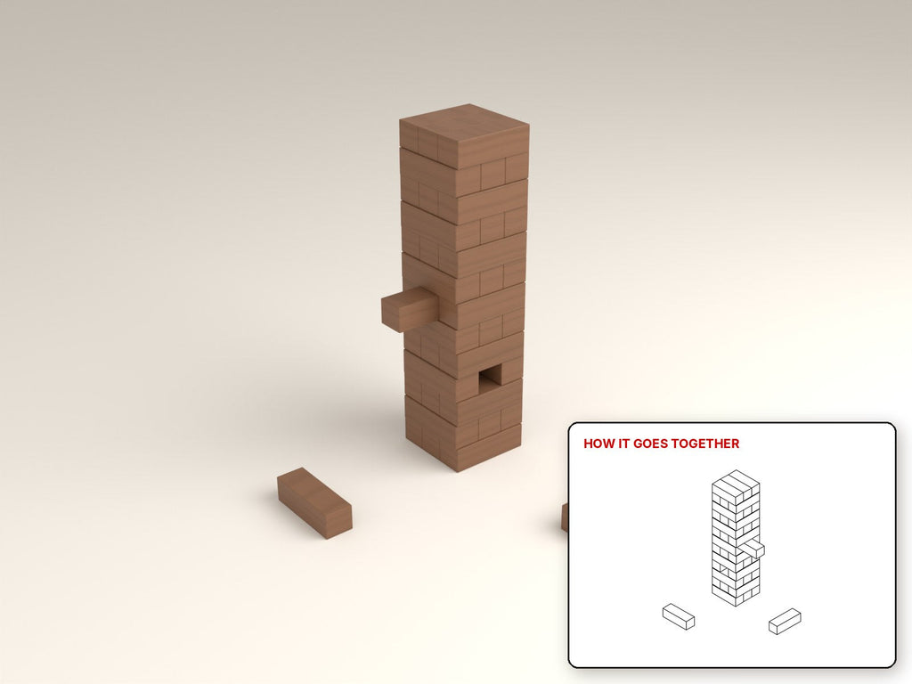 Chunky Tumbling Tower rendered in walnut, with the how-it-goes-together sketch inset. Free woodworking plan
