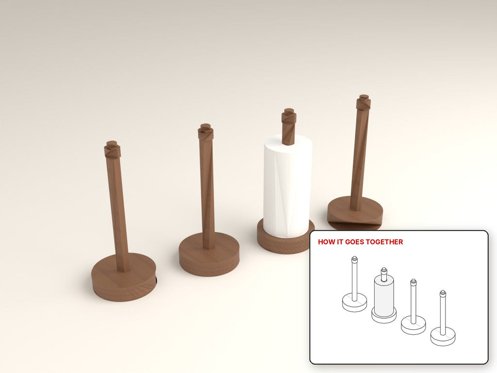 Countertop Paper Towel Holder rendered in walnut, with the how-it-goes-together sketch inset. Free woodworking plan