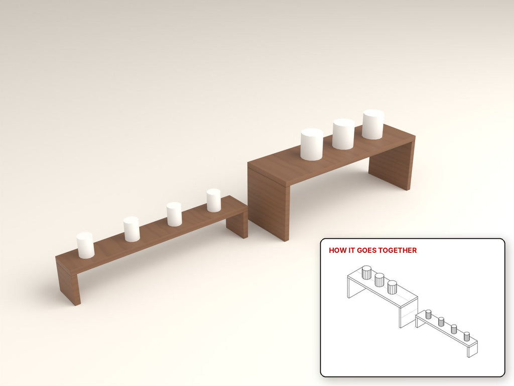 Countertop Shelf Risers rendered in walnut, with the how-it-goes-together sketch inset. Free woodworking plan