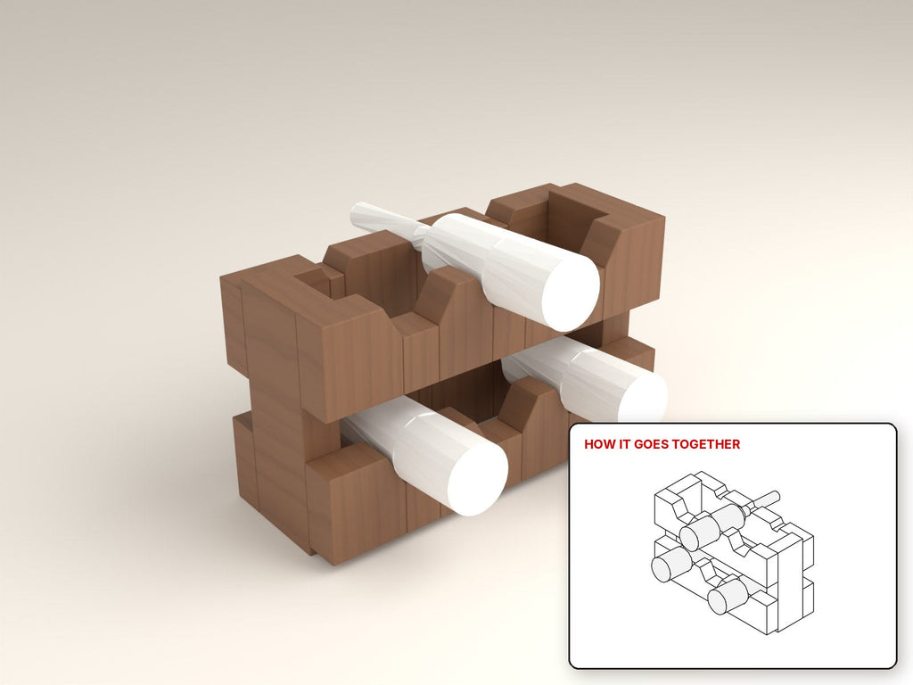 Countertop Wine Cradle rendered in walnut, with the how-it-goes-together sketch inset. Free woodworking plan