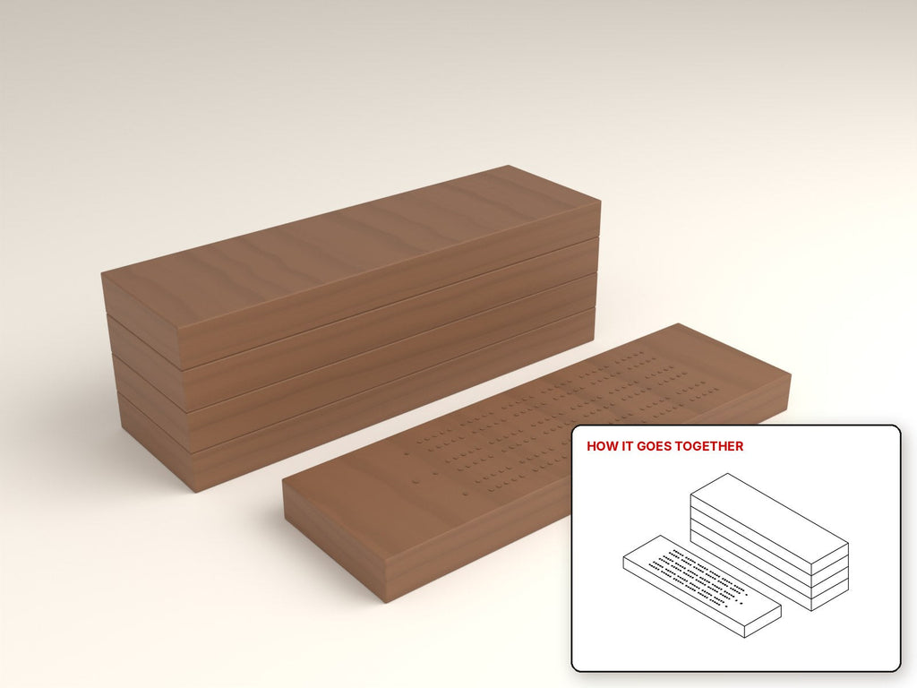 Hardwood Cribbage Boards rendered in walnut, with the how-it-goes-together sketch inset. Free woodworking plan