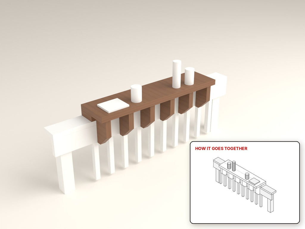Deck Rail Bar Ledge rendered in walnut, with the how-it-goes-together sketch inset. Free woodworking plan