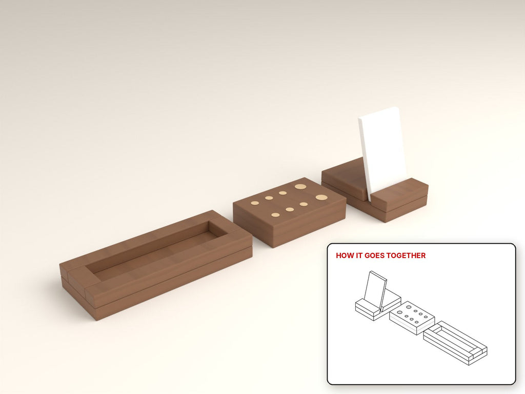 Desk Accessory Set rendered in walnut, with the how-it-goes-together sketch inset. Free woodworking plan