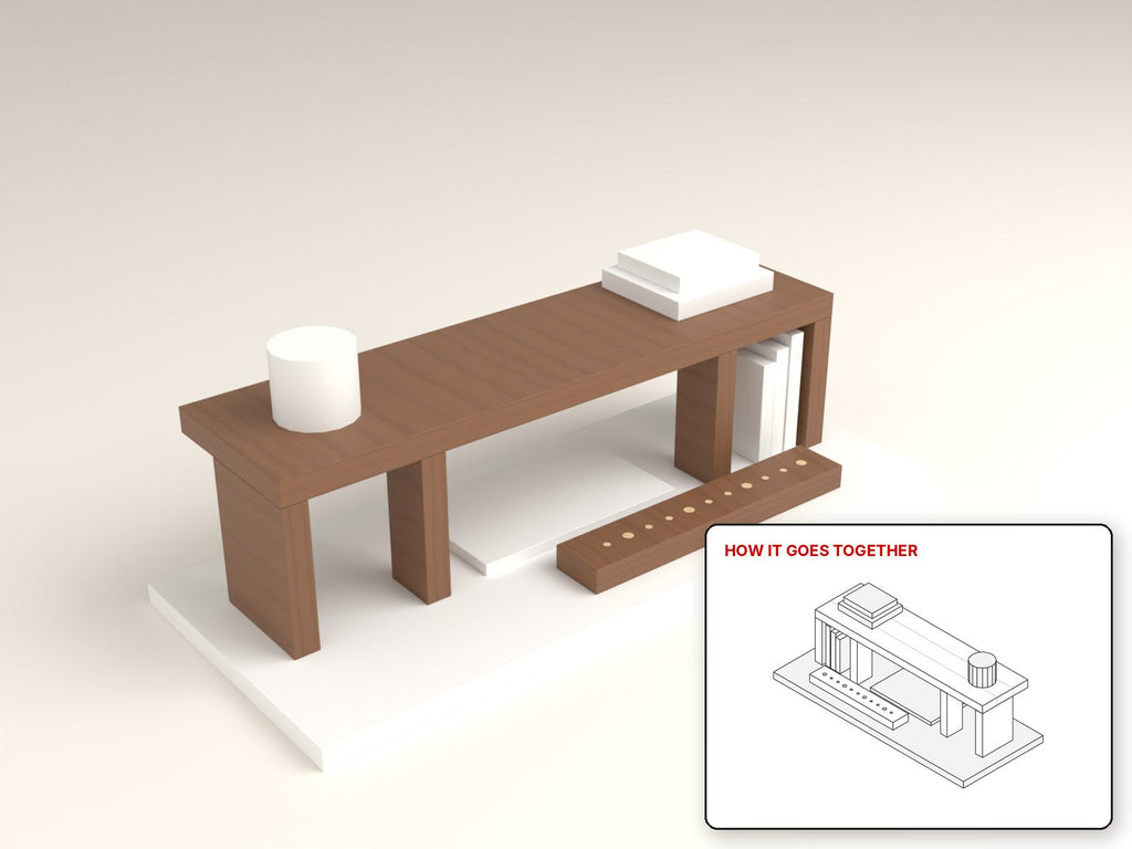 Desktop Hutch Shelf rendered in walnut, with the how-it-goes-together sketch inset. Free woodworking plan
