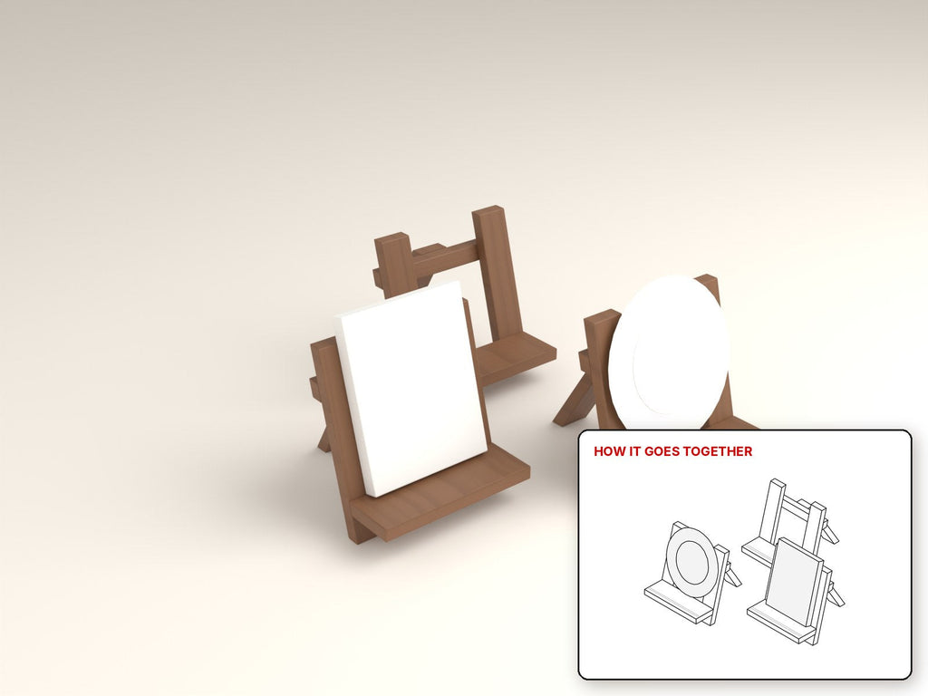 Tabletop Display Easel rendered in walnut, with the how-it-goes-together sketch inset. Free woodworking plan