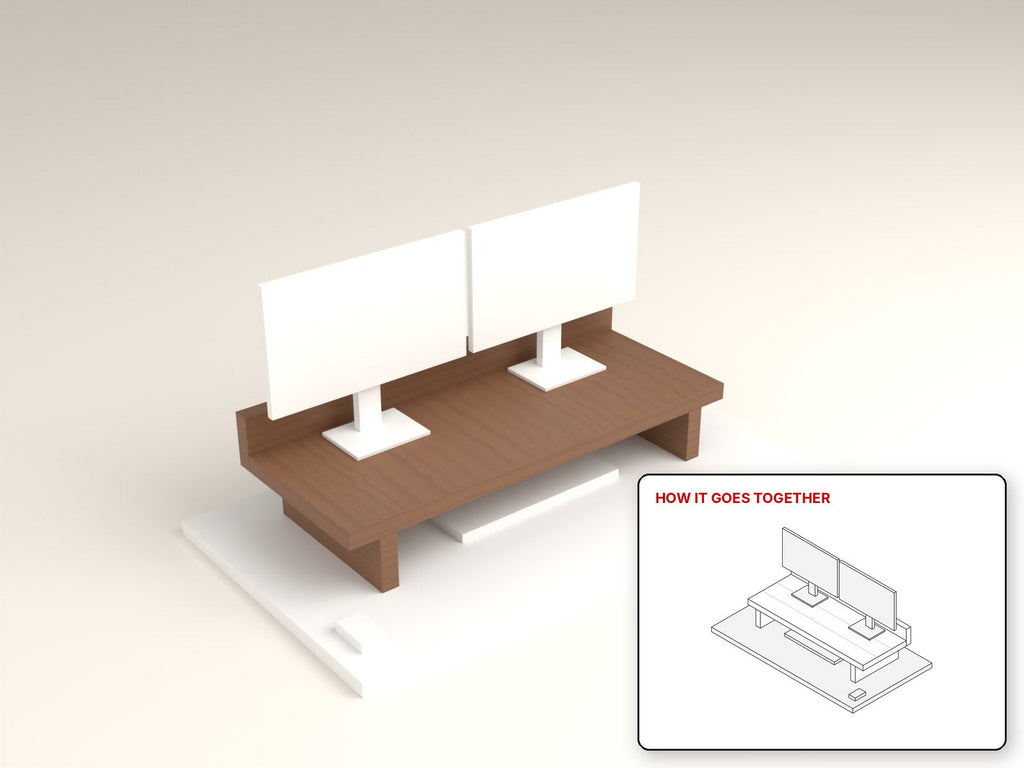Dual Monitor Desk Shelf rendered in walnut, with the how-it-goes-together sketch inset. Free woodworking plan