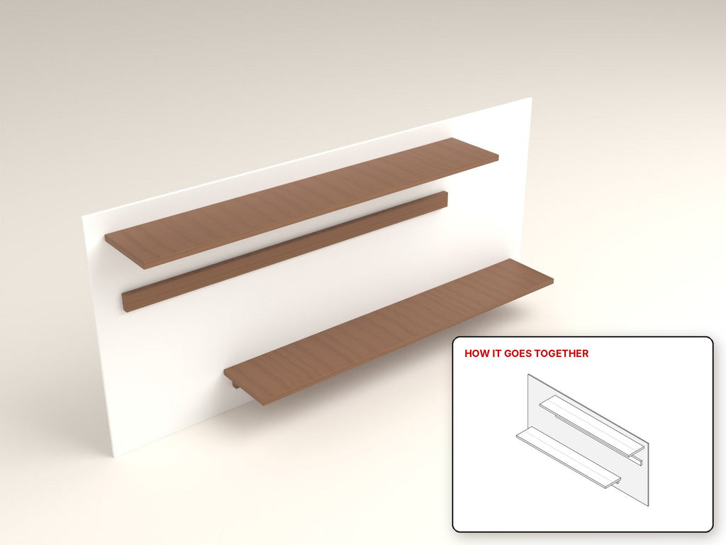 Easy Floating Shelves rendered in walnut, with the how-it-goes-together sketch inset. Free woodworking plan