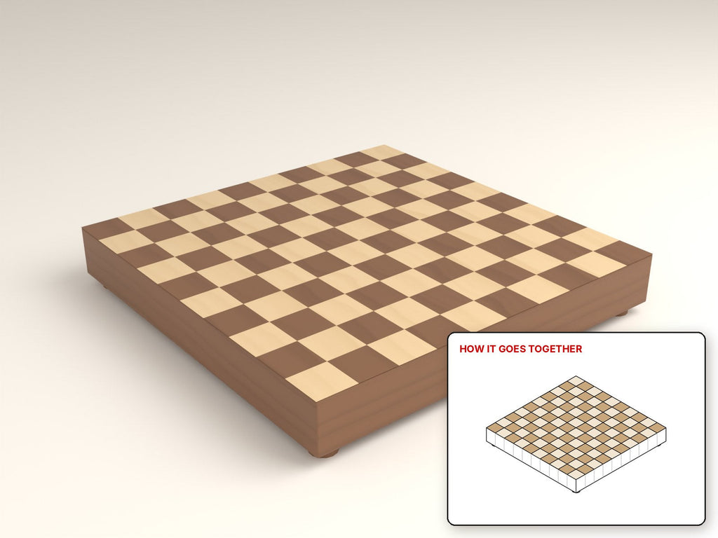 End-Grain Chopping Block rendered in walnut, with the how-it-goes-together sketch inset. Free woodworking plan
