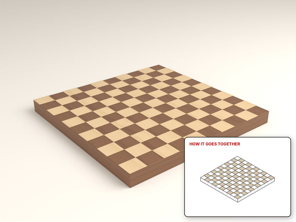 End-Grain Cutting Board rendered in walnut, with the how-it-goes-together sketch inset. Free woodworking plan