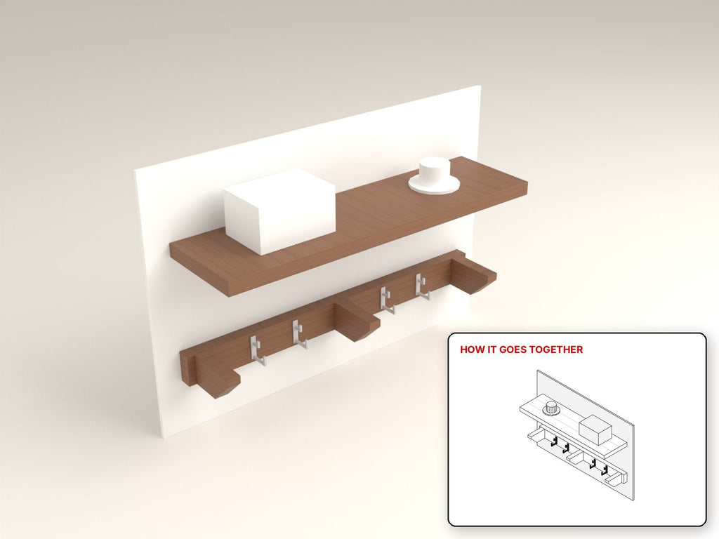 Entryway Shelf with Hooks rendered in walnut, with the how-it-goes-together sketch inset. Free woodworking plan
