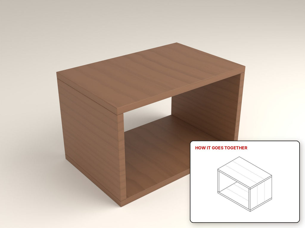 Floating Box Nightstand rendered in walnut, with the how-it-goes-together sketch inset. Free woodworking plan