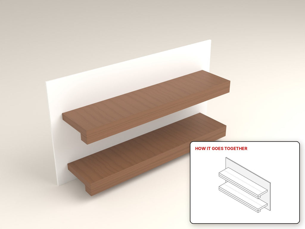 Floating Mantel Shelf rendered in walnut, with the how-it-goes-together sketch inset. Free woodworking plan