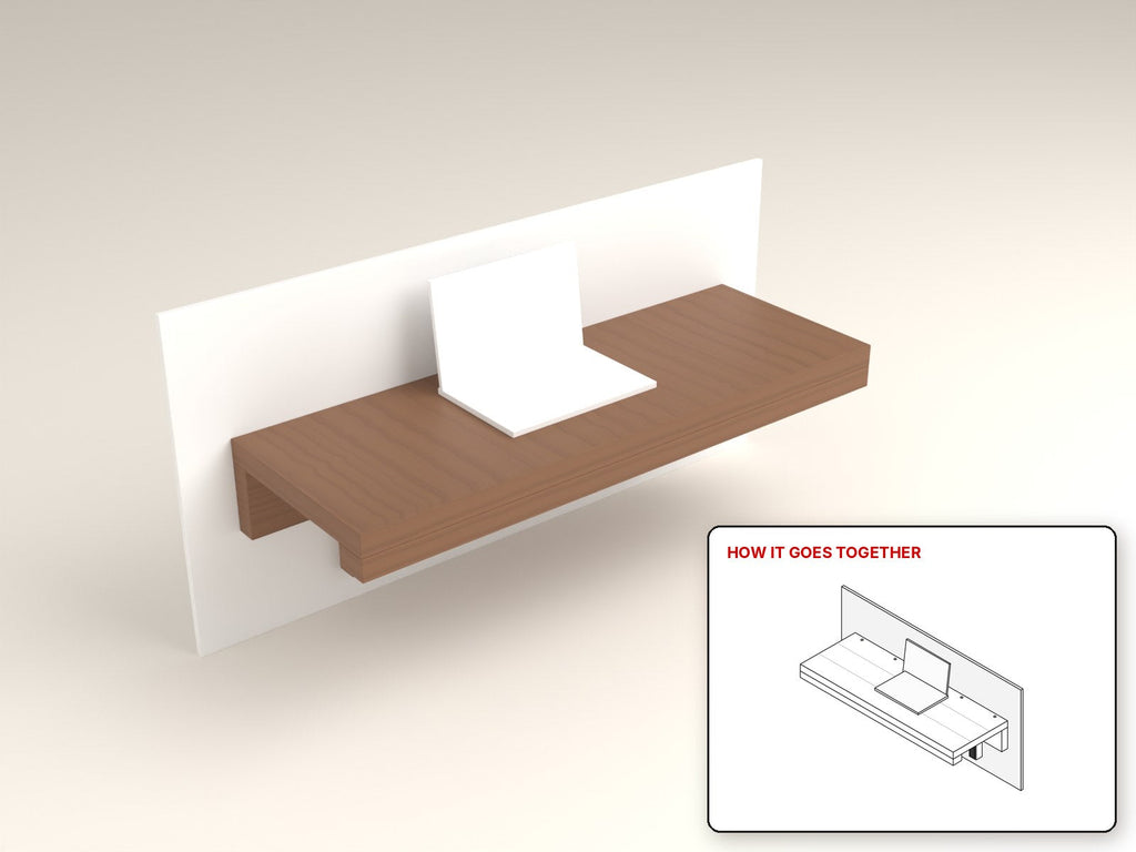 Floating Wall Desk rendered in walnut, with the how-it-goes-together sketch inset. Free woodworking plan