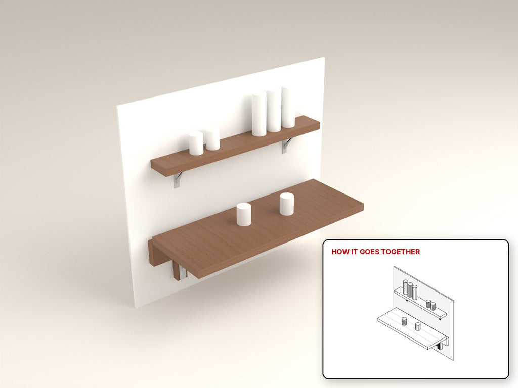 Fold-Down Wall Bar Table rendered in walnut, with the how-it-goes-together sketch inset. Free woodworking plan