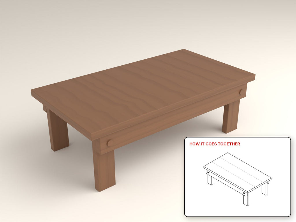 Folding Lap Desk rendered in walnut, with the how-it-goes-together sketch inset. Free woodworking plan