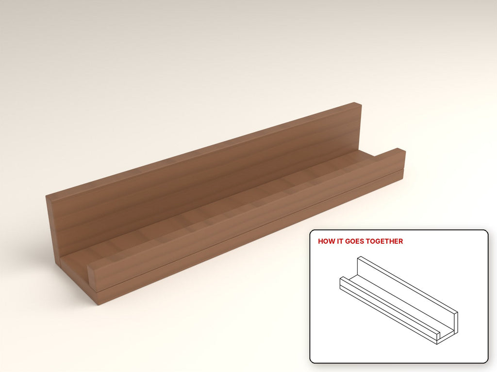 Gallery Ledge Shelf rendered in walnut, with the how-it-goes-together sketch inset. Free woodworking plan