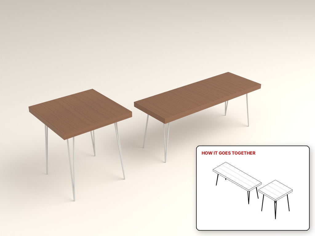 Hairpin Coffee Table rendered in walnut, with the how-it-goes-together sketch inset. Free woodworking plan
