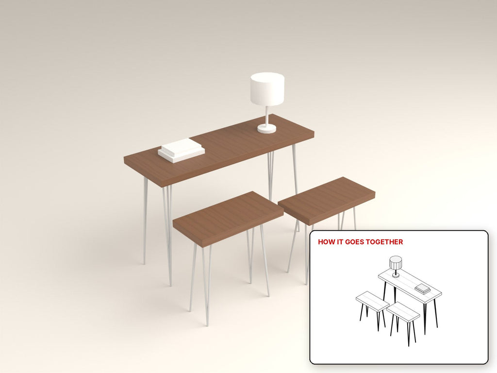 Hairpin Console Table rendered in walnut, with the how-it-goes-together sketch inset. Free woodworking plan