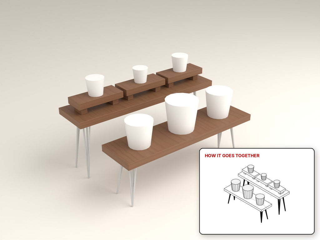Hairpin Plant Bench Pair rendered in walnut, with the how-it-goes-together sketch inset. Free woodworking plan