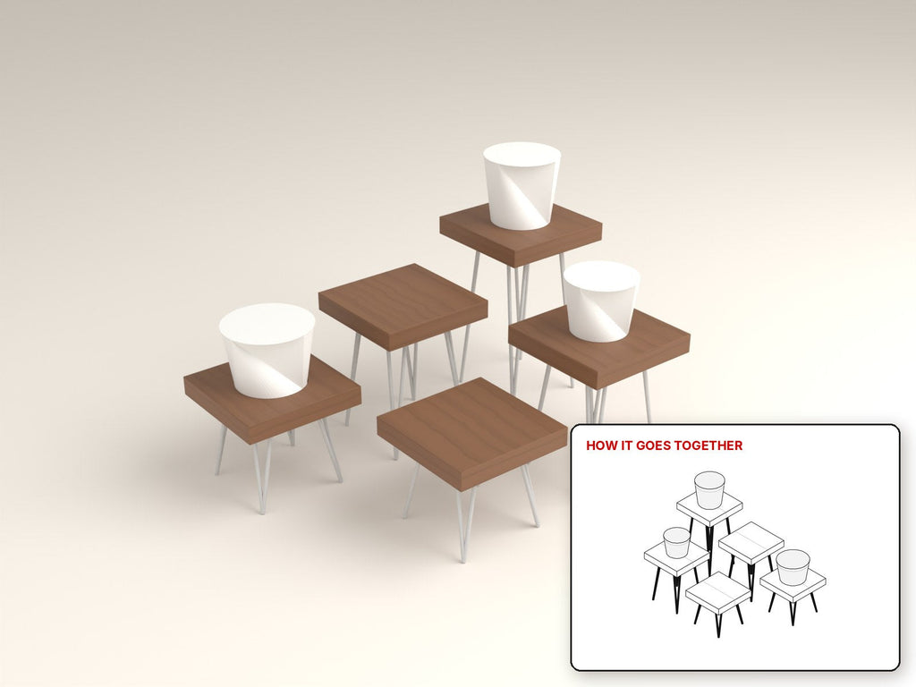 Hairpin Plant Stools rendered in walnut, with the how-it-goes-together sketch inset. Free woodworking plan