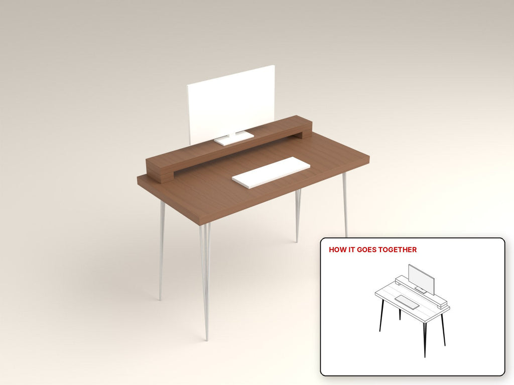 Hairpin Writing Desk rendered in walnut, with the how-it-goes-together sketch inset. Free woodworking plan