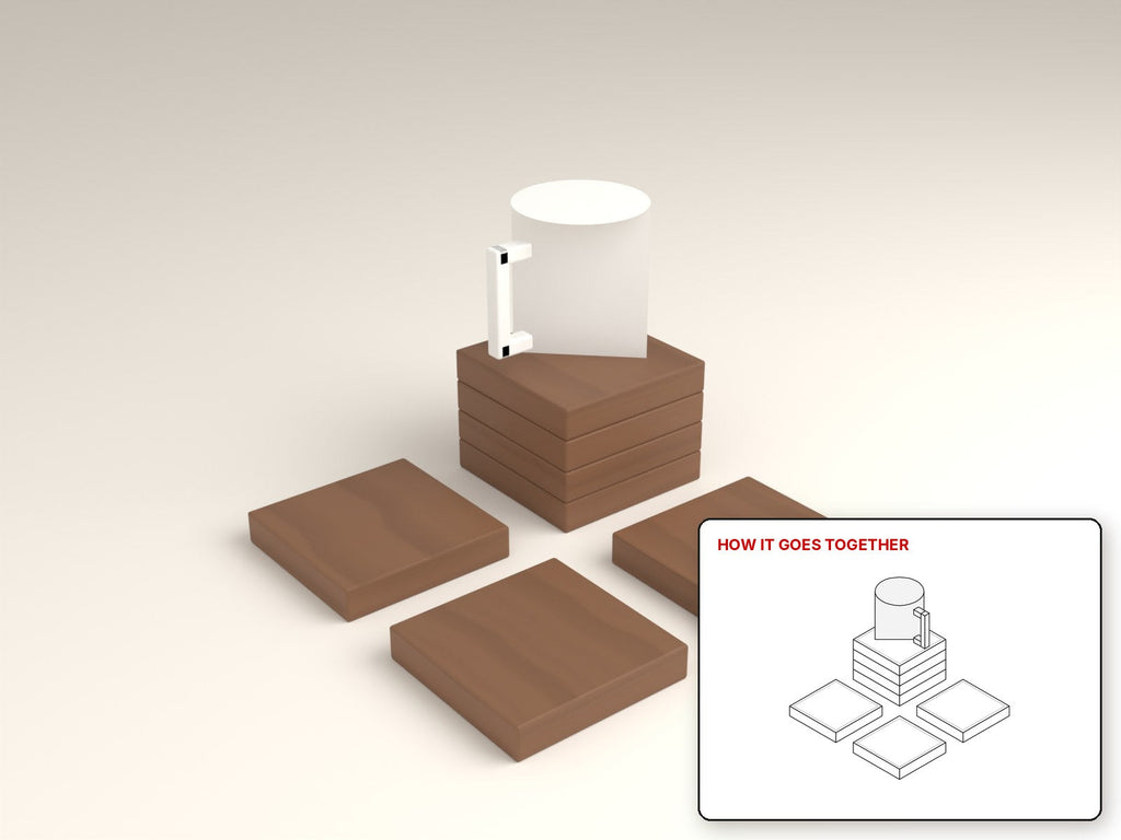 Hardwood Coaster Set rendered in walnut, with the how-it-goes-together sketch inset. Free woodworking plan