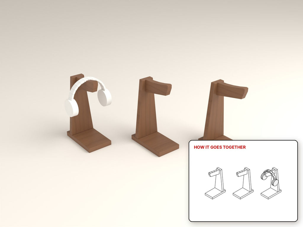 Hardwood Headphone Stand rendered in walnut, with the how-it-goes-together sketch inset. Free woodworking plan