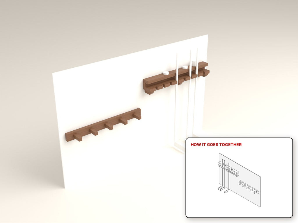 Hockey Stick Wall Rack rendered in walnut, with the how-it-goes-together sketch inset. Free woodworking plan