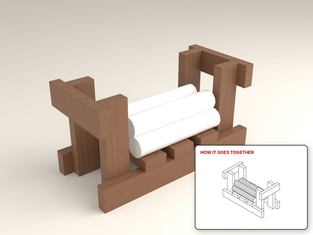 Indoor Firewood Rack rendered in walnut, with the how-it-goes-together sketch inset. Free woodworking plan
