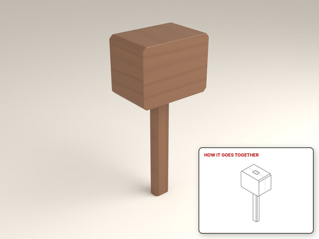 Joiner's Mallet rendered in walnut, with the how-it-goes-together sketch inset. Free woodworking plan