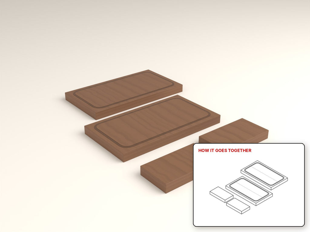Juice Groove Carving Boards rendered in walnut, with the how-it-goes-together sketch inset. Free woodworking plan