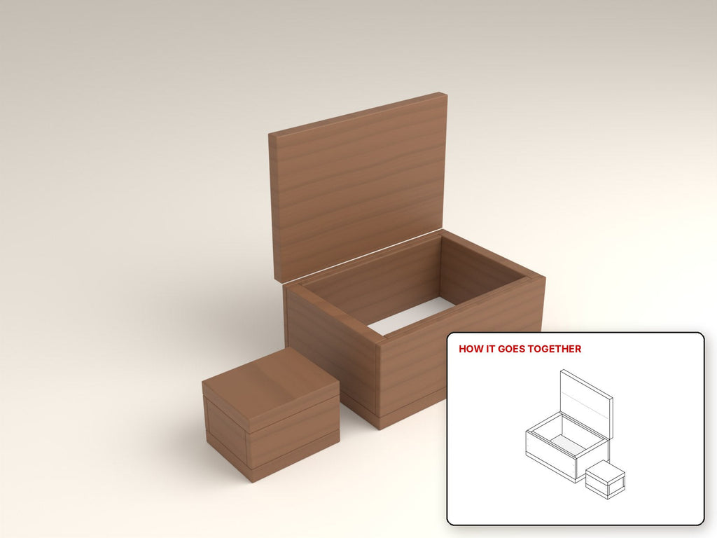 Hardwood Keepsake Box rendered in walnut, with the how-it-goes-together sketch inset. Free woodworking plan