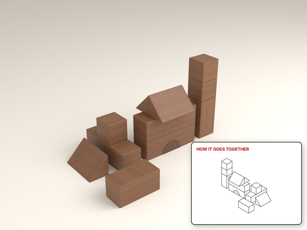 Kids' Building Blocks rendered in walnut, with the how-it-goes-together sketch inset. Free woodworking plan